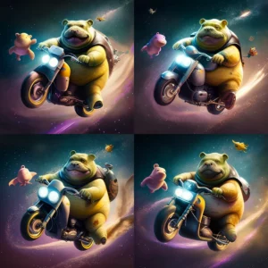 Prompt Fat frog flying motorbike Pooh riding hippo