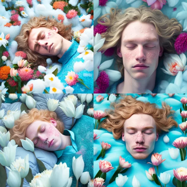 Prompt Felix Lee sleeps in tulips