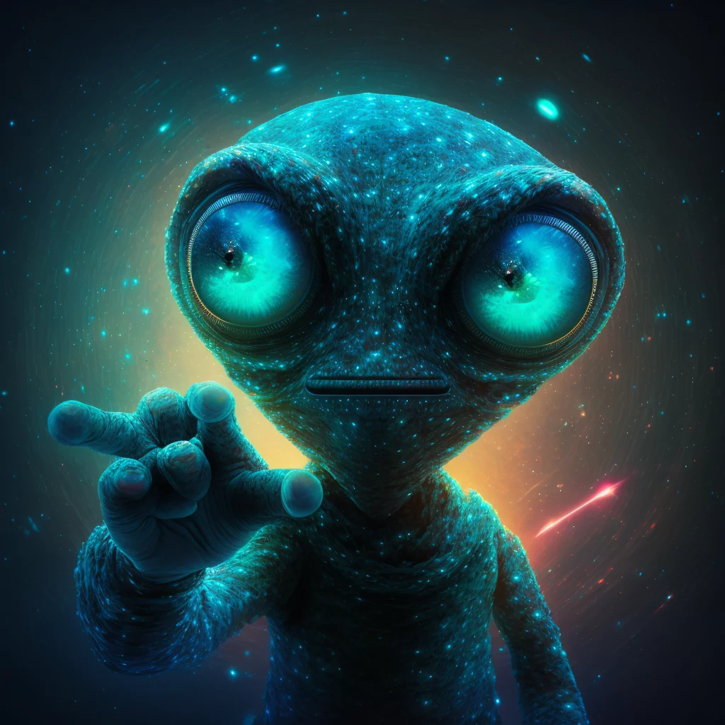 Friendly alien pointing starry bg