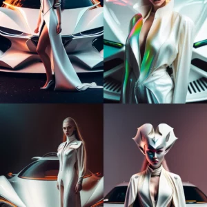 Prompt Futuristic Pininfarina car in high fashion Vogue shoot
