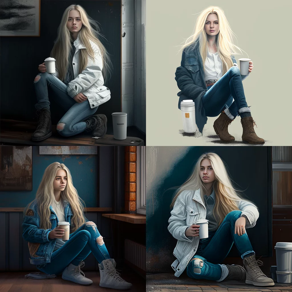 Girl coffee white jacket black boots
