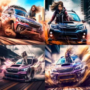 Prompt Girl drives Subaru drifts high speed city ultra realistic hdr