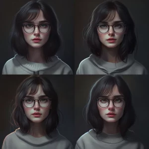Prompt Girl with round glasses dark/white clothes