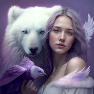 Prompt Girl with short purple hair dragonfly wings riding polar bear