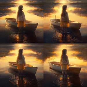 Prompt Golden sunlight lake young girl in boat