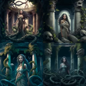 Prompt Greek goddess with snakes ruined columns vines
