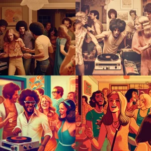 Prompt Happy people at 70s houseparty