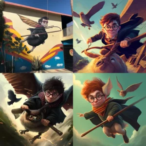 Prompt Harry Potter flies on broomstick