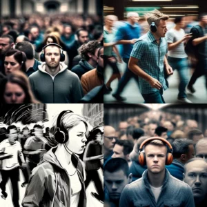 Prompt Introvert with headphones in crowd