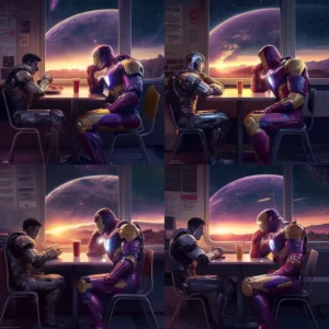 Prompt Iron Man & Thanos eat McDonald's on Moon