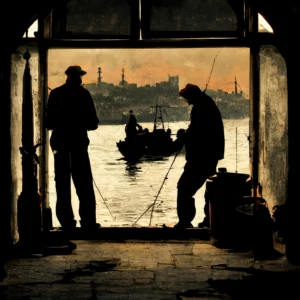 Prompt Istanbul fishermen preparing silhouette