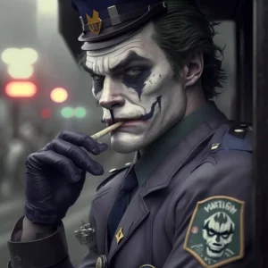 Prompt Joker as 1970s cop smoking cigarette