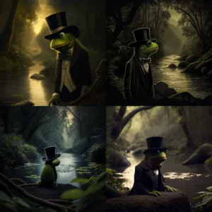Prompt Kermit w/ top hat by river dark shadow watches
