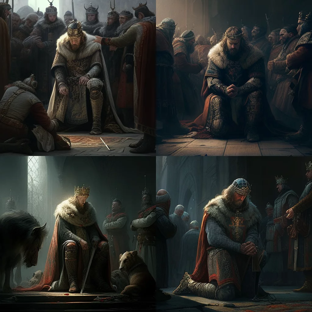 King kneeling before peasants