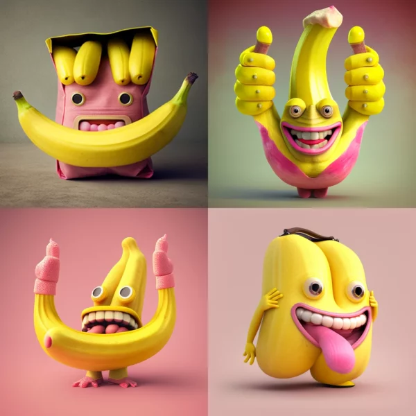 Prompt Living big yellow banana pink face/arms/legs