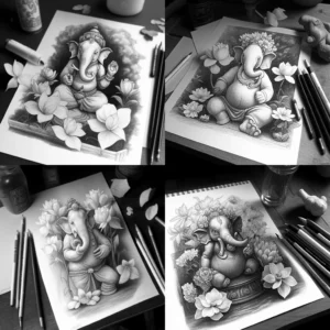 Prompt Lord Ganesh pencil drawing with added flowers