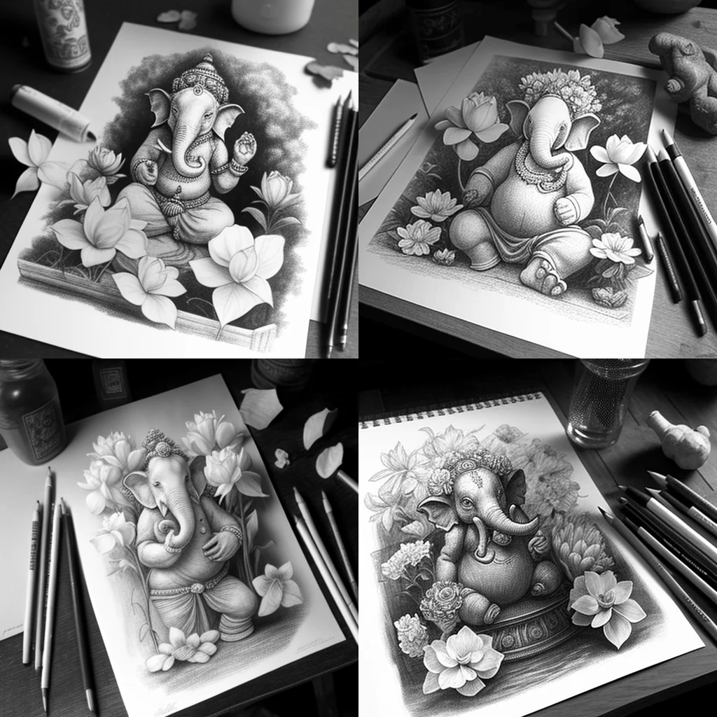 Lord Ganesh pencil drawing with added flowers