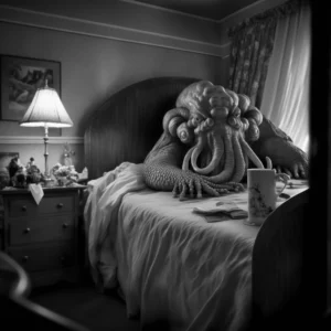 Prompt Lovecraftian Photorealistic Cthulhu and Lucille Bedroom