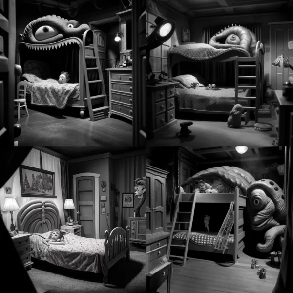 Prompt Lovecraftian and Lucy Bunk-bed in 1950s American Bedroom