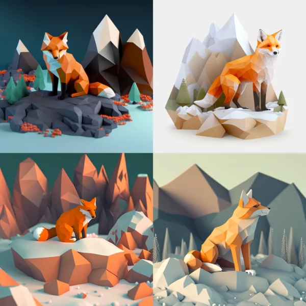Prompt Low-poly 3D fox cub in snowy mountain forest