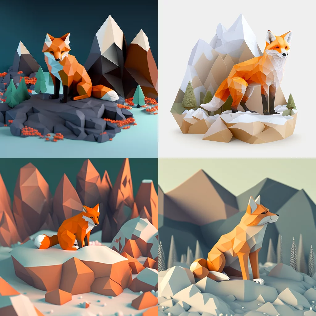 Low-poly 3D fox cub in snowy mountain forest