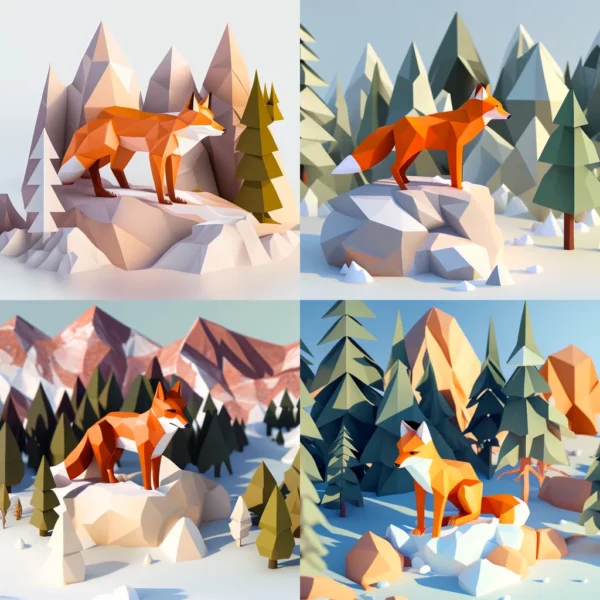 Prompt Low-poly 3D fox in snowy mountain forest