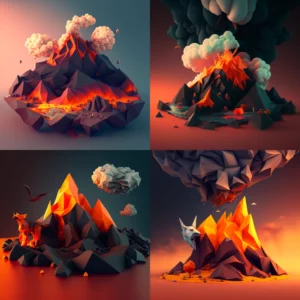Prompt Low-poly 3D little fox in lava wasteland erupting volcano