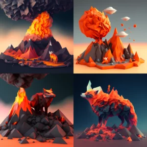 Prompt Low-poly 3D little fox in lava wasteland smoke clouds