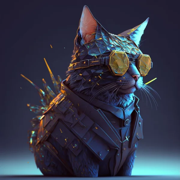 Prompt Low-poly 3D police cat in radioactive cyberpunk city