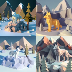 Prompt Low-poly 3D wolf-cub in snowy mountain forest