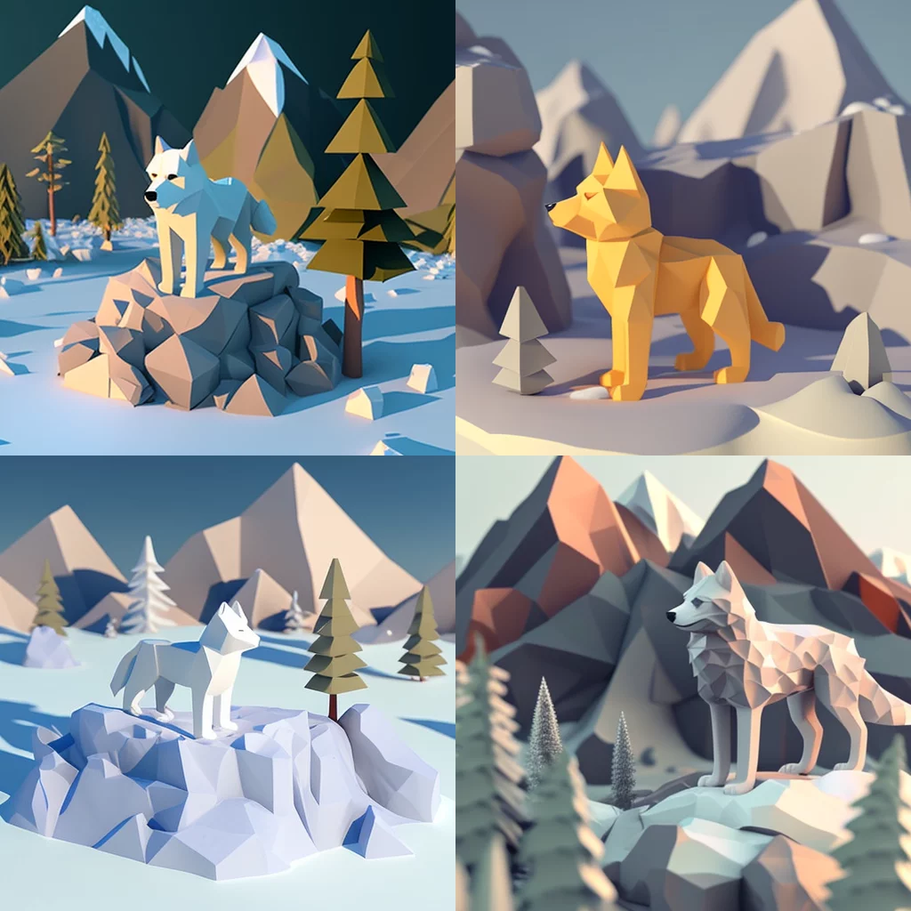 Low-poly 3D wolf-cub in snowy mountain forest