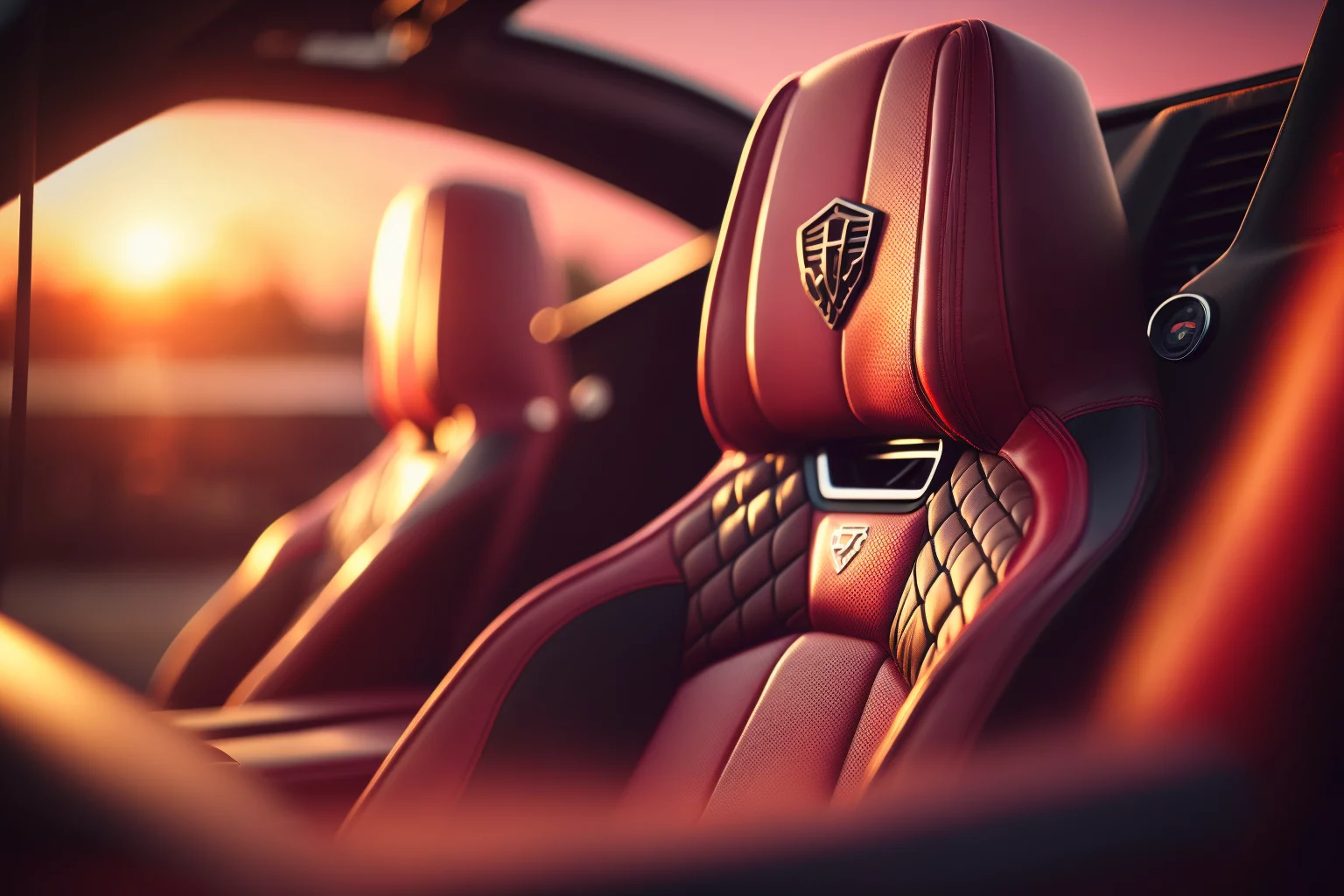 Luxury car dashboard and seats sunset