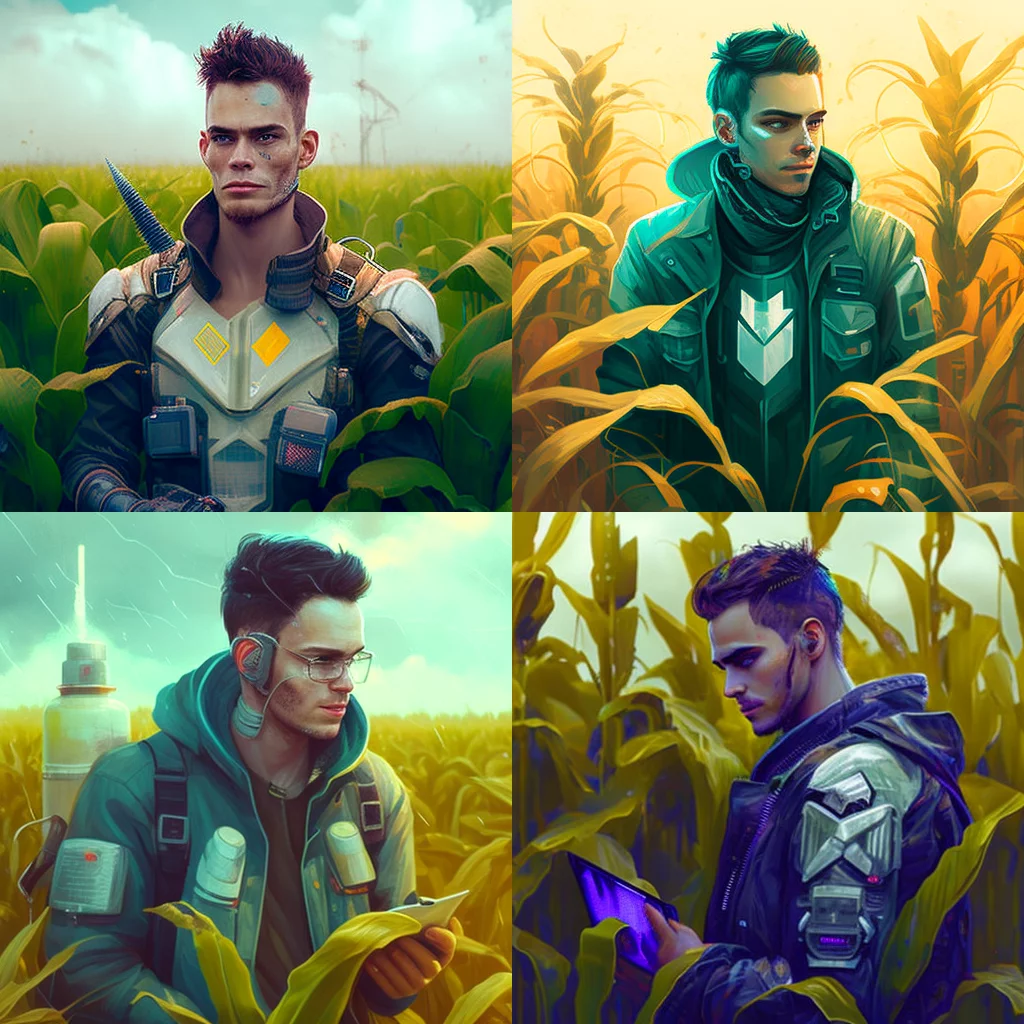 Male agronomist in corn field cute cyberpunk