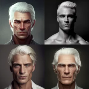 Prompt Man with white hair & strong jawline