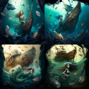 Prompt Mermaid & sea creatures near shipwreck