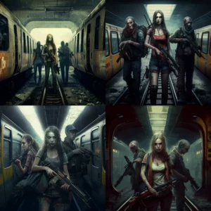Prompt Metro scene of zombies people dead three armed girls