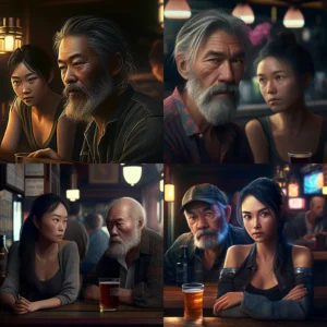 Prompt Middle age man & Asian girl at bar