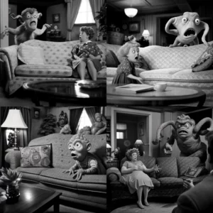 Prompt Monkey on sofa 1950s photoreal