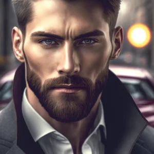 Prompt Most beautiful man athletic blue eyes beard classy clothes luxury car