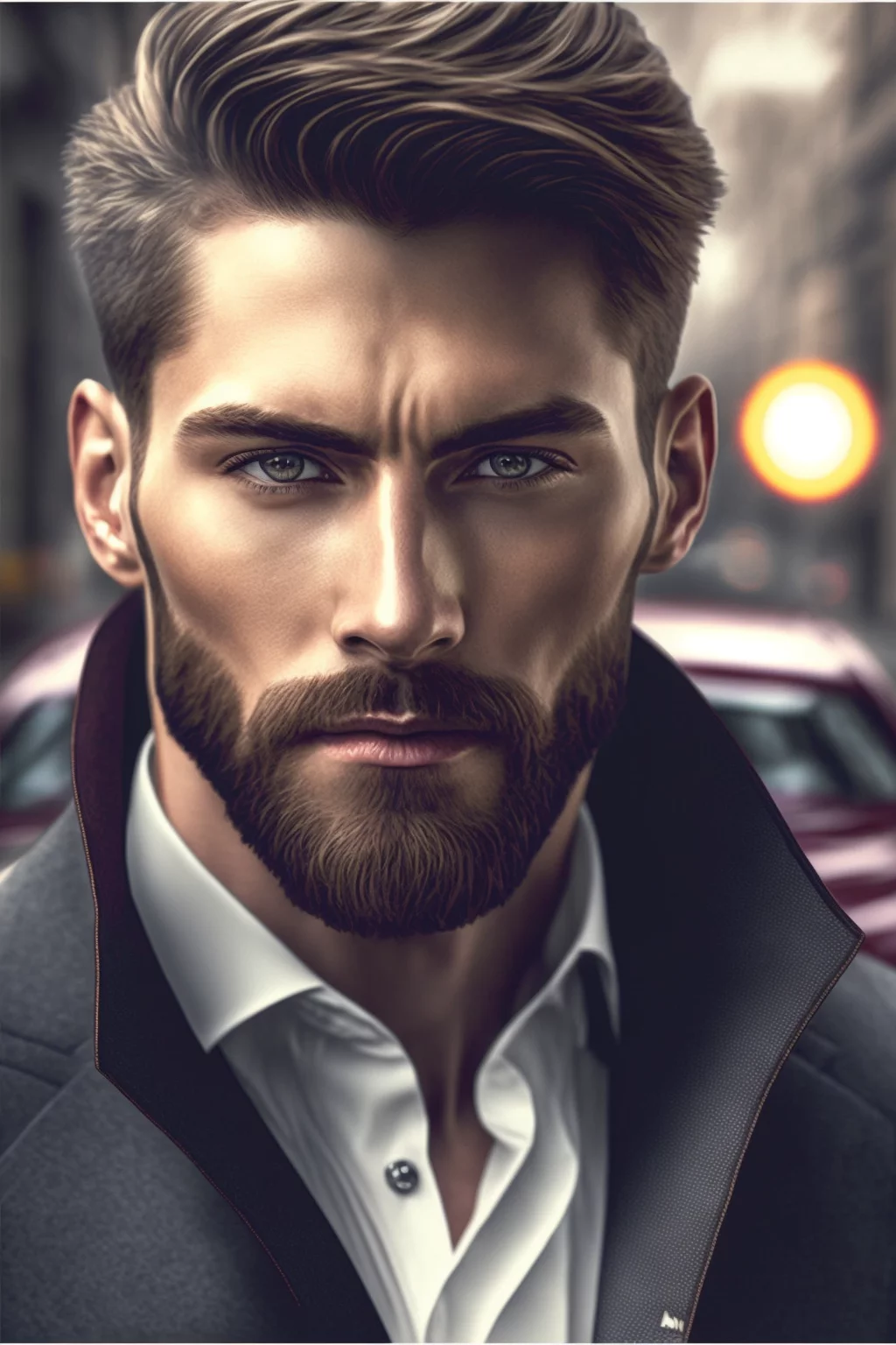 Most beautiful man athletic blue eyes beard classy clothes luxury car