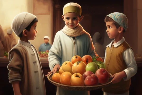 Prompt Muslim boy serving fruit