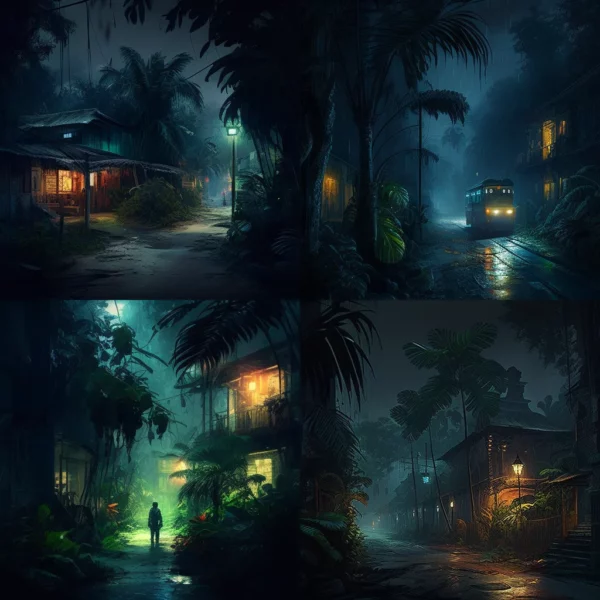 Prompt Night street in jungle mysterious & tense