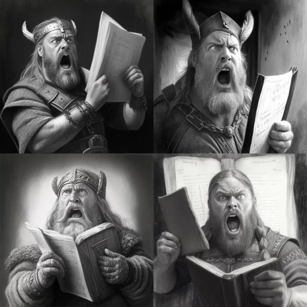 Prompt Pencil portrait of surprised Viking w/book