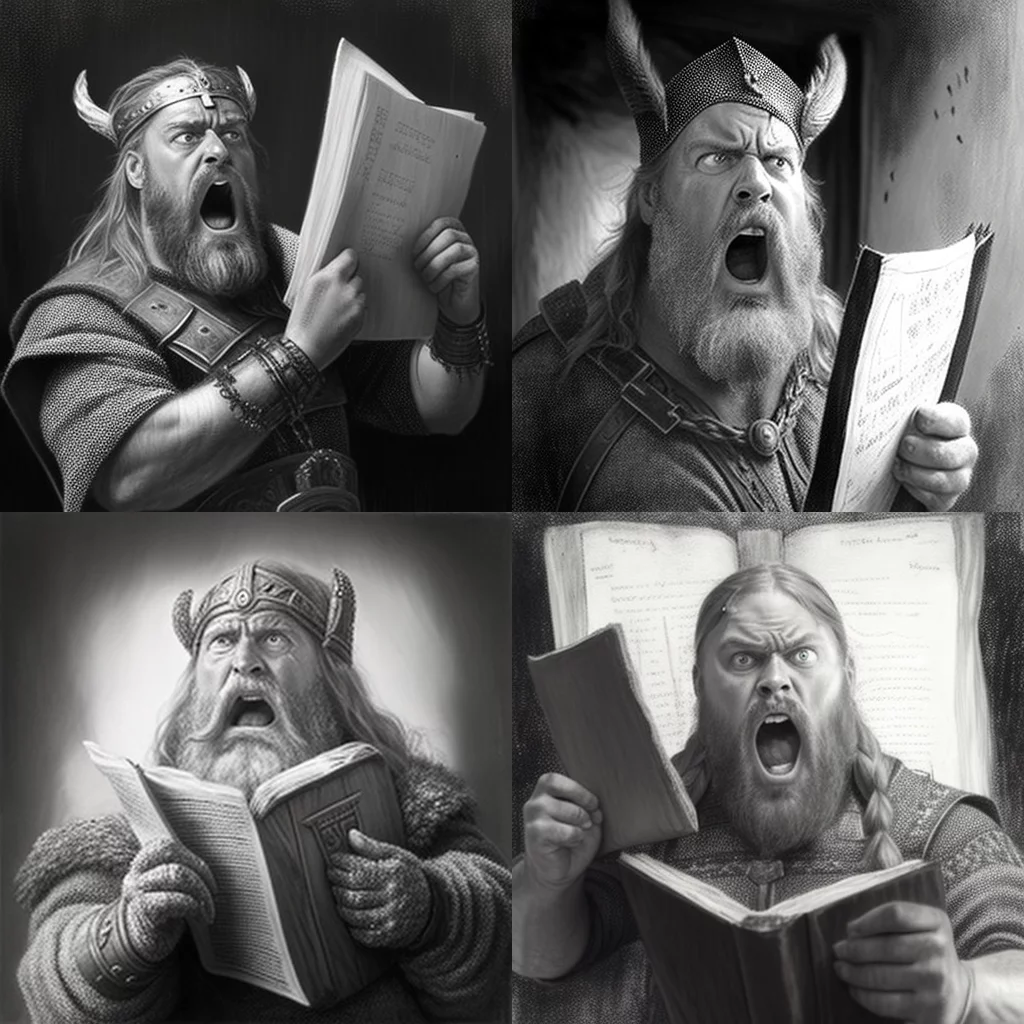 Pencil portrait of surprised Viking w/book