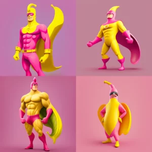Prompt Pink cartoon man in full-length banana costume