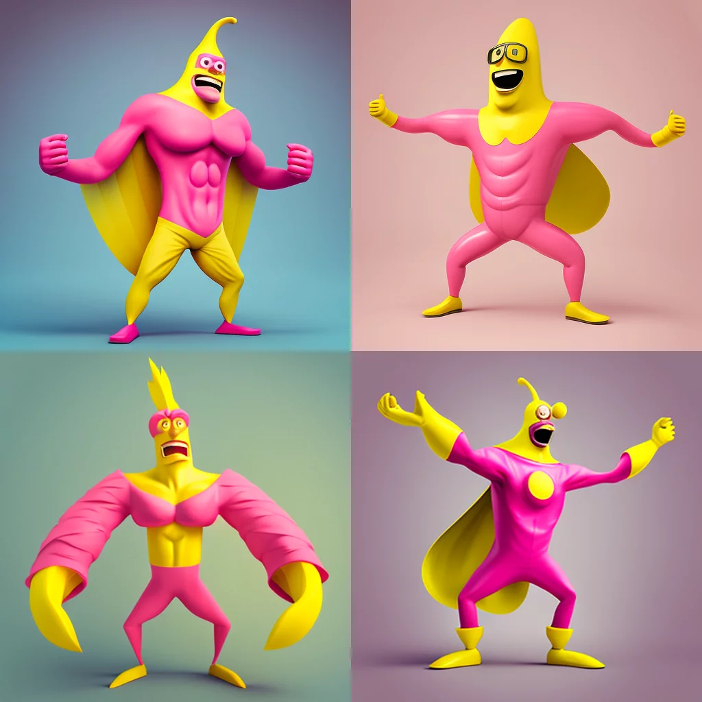 Pink cartoon man in full-length yellow banana
