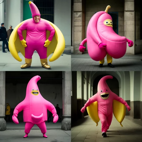 Prompt Pink man big banana costume face/arms/legs visible