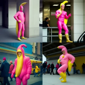 Prompt Pink man in full-length banana costume realistic