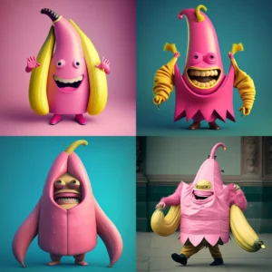 Prompt Pink person in big banana costume smiling/detailed