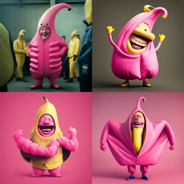 Prompt Pink person in big banana suit smiling/detailed